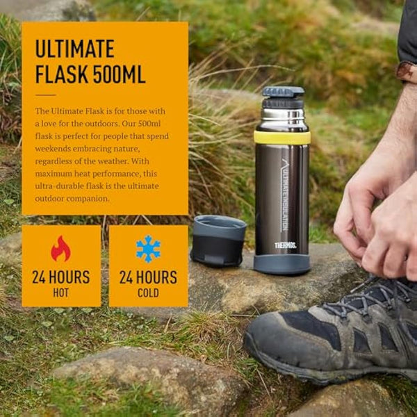 Thermos - Matt Black Ultimate Flask (500ml), Reusable Insulated Stainless Steel Thermal Coffee Cup for Hot or Cold Drinks, Vacuum Sealed Water Flask with a Leak-Proof Lid, 24hr Hot/24hr Cold
