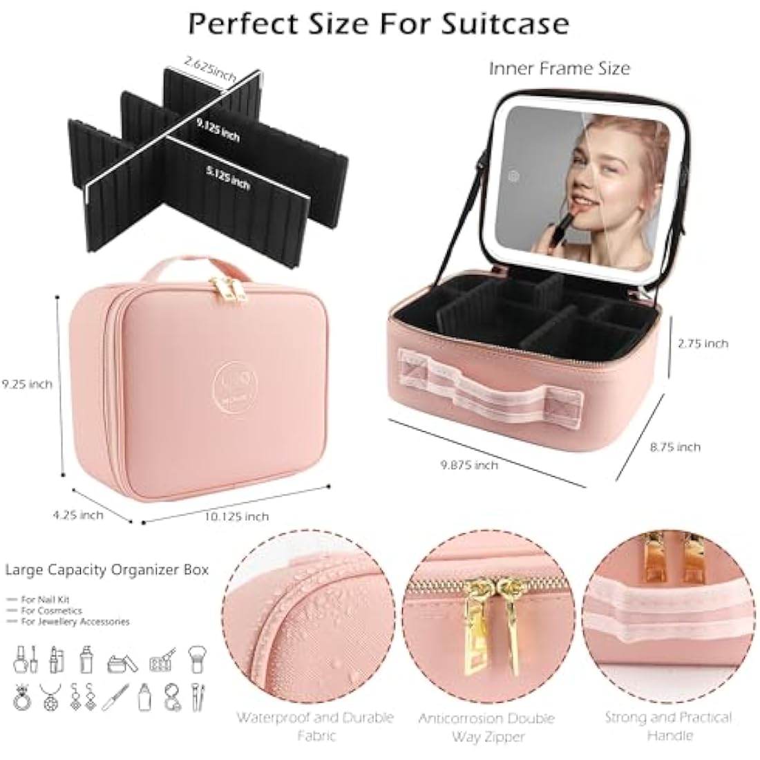 MOMIRA Travel Makeup Bag Cosmetic Bag Makeup Organizer Bag with Lighted Mirror, Adjustable Brightness in 3 Color Scenarios, Waterproof Makeup Train Case, Gift for Women - Pink