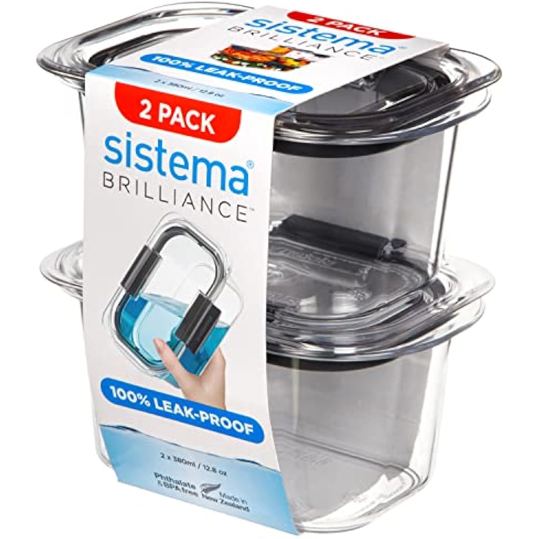Sistema Brilliance Leakproof Food Storage Container, Stain and Odour Resistant, Microwave Steam Vents, 380 ml, BPA-Free, Black Clips, Clear/Grey, 2 Count (Pack of 1)