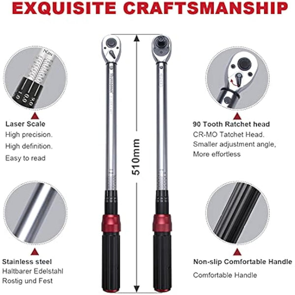 FOURROBBER Torque Wrench Set 1/2-inch Drive Click Bicycle Torque Wrench Dual-Direction Adjustable 90-Tooth Torque Wrench with Buckle 20-220Nm,Accuracy ± 3% Visit The Store