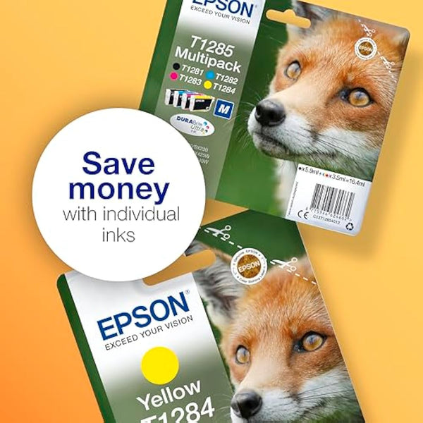 Epson T1285 Fox Genuine Multipack, Eco-Friendly Packaging, 4-colours Ink Cartridges, DURABrite Ultra Ink