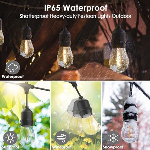 Festoon Lights Outdoor15M IP65, 2.6M Extension Cable Included,15+1 Shatterproof S14 Bulbs 2700K E27 Outside Lights for Pergola, Backyard, Linkable