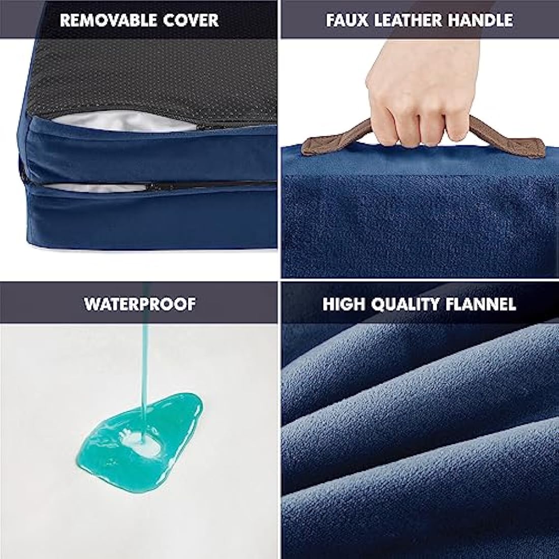 Codi Extra Large Memory Foam Layer Dog Bed, Washable Orthopedic Dogs Beds Couch with Removable Zipper Cover, Waterproof Pet Sofa with U-Shape Bolster, Navy Blue, 106x81x(8.9+8.9) cm