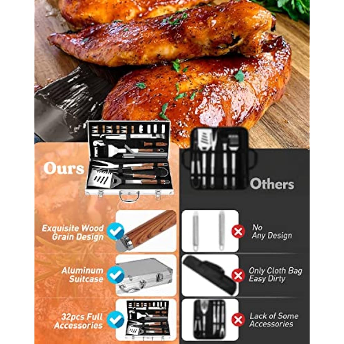 KALAHOL 32-in-1 BBQ Tools Set Extra Thick Stainless Steel Grill Tool Set with Gift Wrapping Box, Premium Complete Outdoor BBQ Utensils Set Professional BBQ Accessories BBQ Kit for Men and Women Gift