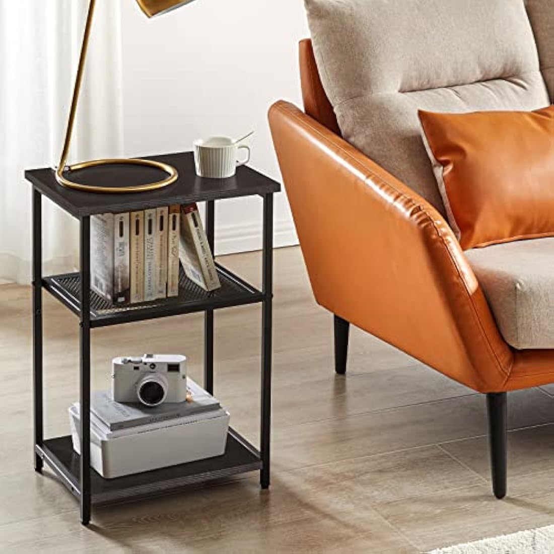 IBUYKE Side Table, 3-Tier End Table, Industrial Nightstand Small Table with Storage Shelf, Bedside Table for Bedroom, Living Room, Hallway, with Metal Frame, Black TMJ403B