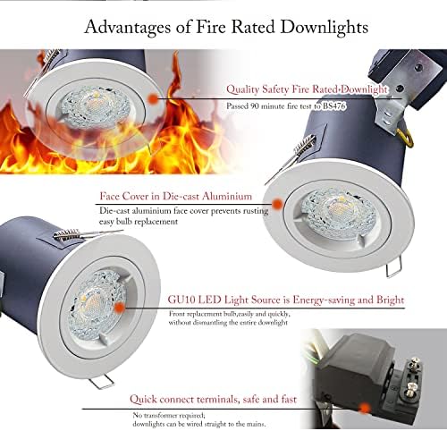 4XSweier 90 Minute Fire Rated LED Recessed Ceiling Lights IP20 GU10 LED Downlights, White Spotlight Fittings with 5W 3000K Warm White Bulbs 230V(Non-Dimmable)