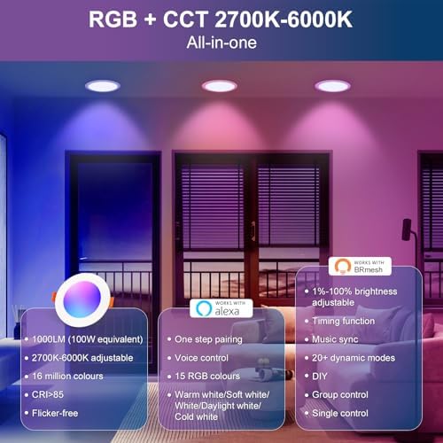 DUSKTEC Recessed LED Downlights Alexa, Smart Spot Lights Ceiling with APP & Voice Control, RGB Colour LED Spotlights 2700K-6000K, 10W Warm White to Cool White Dimmable Ceiling Recessed Lights