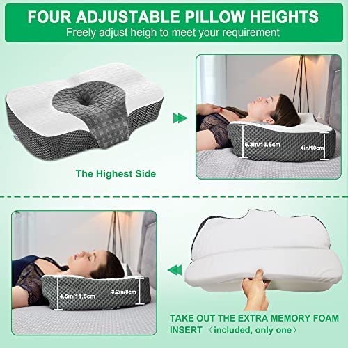 Elviros Cervical Memory Foam Neck Pillow for Side Sleeping, Orthopedic Pillows for Back and Stomach Sleepers, Adjustable Ergonomic Bed Pillow Pain Relief (White)