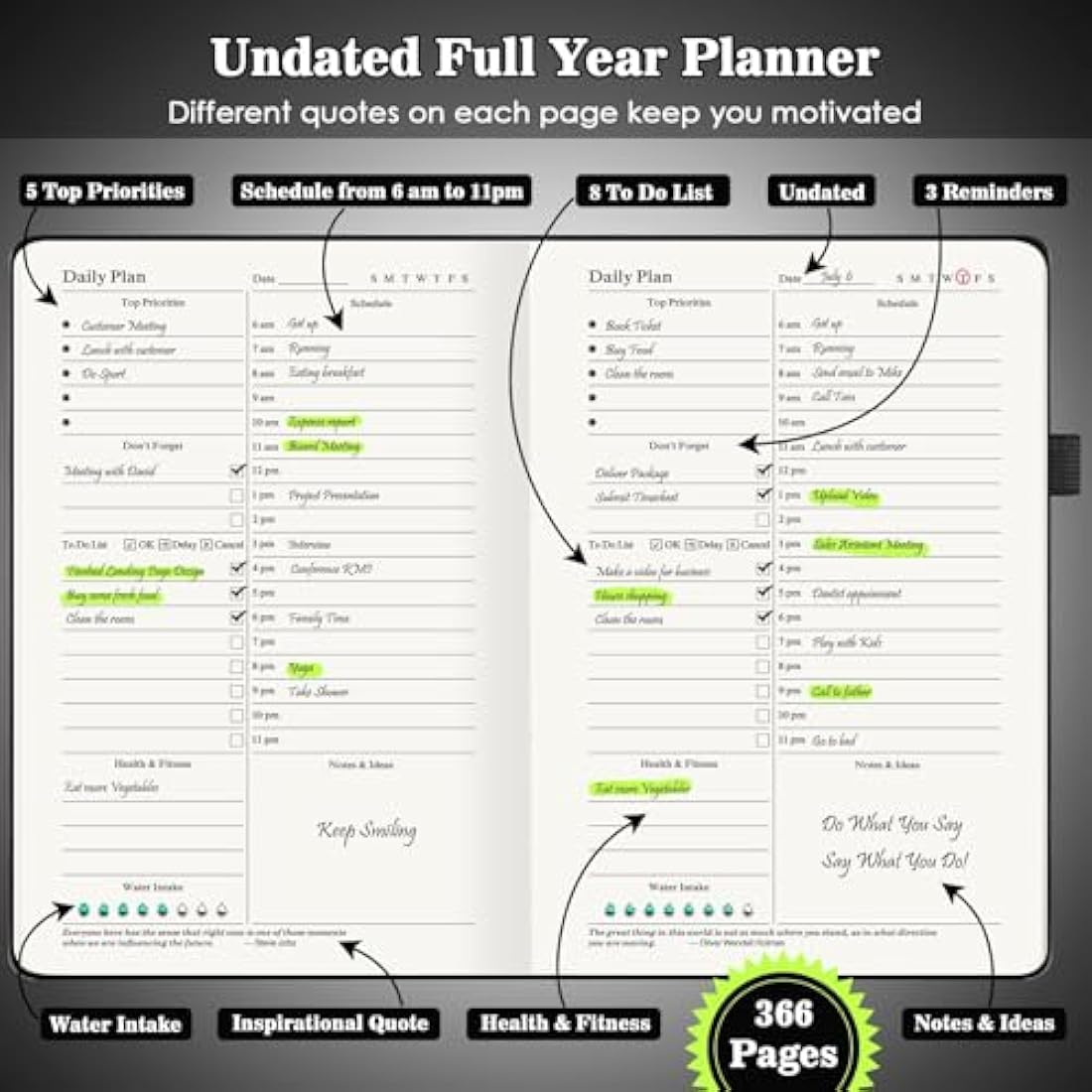 Asten Planner, Undated Daily Planner with To Do List, 365 Days Planner for ADHD Adult, Agenda Men, Hourly Planner Notebook for Goal Setting, Productivity Planner with Calendar, 8.3'' x 5.8'' (Black)