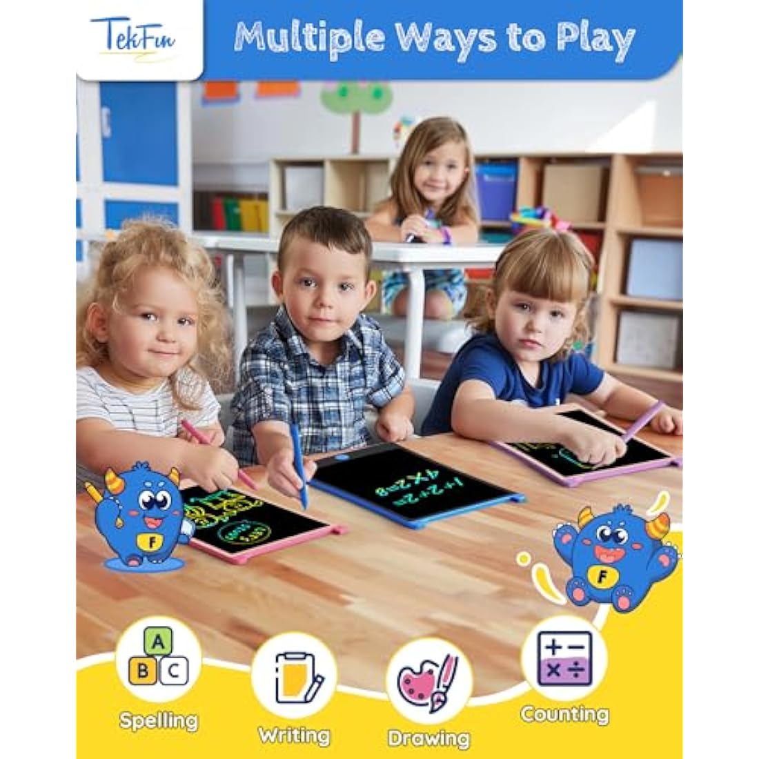 TEKFUN 2 Pack LCD Writing Tablet, 8.5inch Colorful Drawing Tablet for Kids, Erasable Writing Drawing Board with Lanyard, Learning Toys Gifts for 3 4 5 6 7 Years Old Boys Girls Toddlers (Blue+Pink)