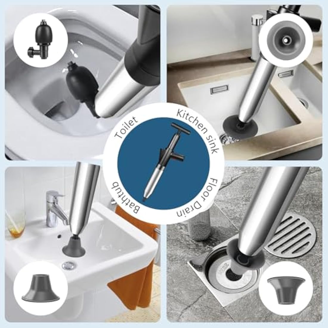 inShareplus Toilet Plunger, Black Toilet Unblocker Heavy Duty, High Pressure Plunger Kit with 4 Replaceable Heads and 1 Gloves Plunger Sink Unblocker for Unblocking Toilets, Sink, Bathtub, Floor