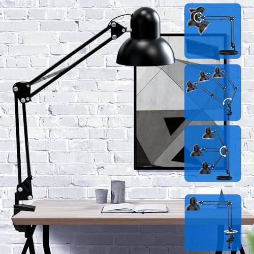 LONGTOO Bigger Table Lamp with E27 Screw Bulb, Flexible Clamp on Desk Light, Adjustable 65cm Swing Arm Light for Office, Bedside, Studying, and Reading