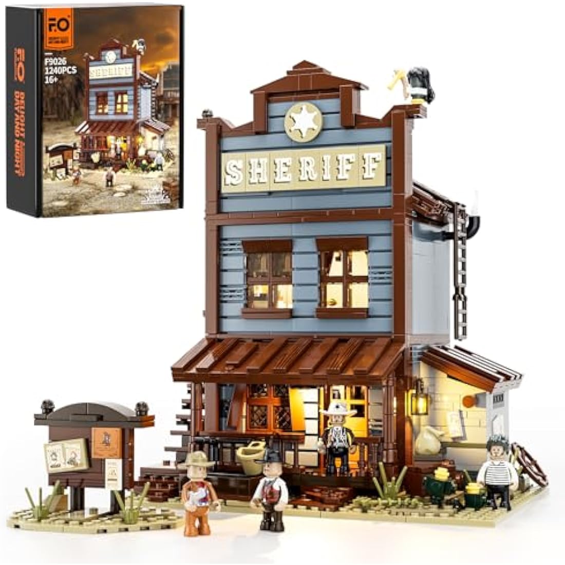 FUNWHOLE Old West Sheriff’s Office Lighting Building Bricks Set - Western Construction Modular Building Blocks Cowboy Wild West Collectible Toy Building Sets 1240 Pcs for Adults and Teen