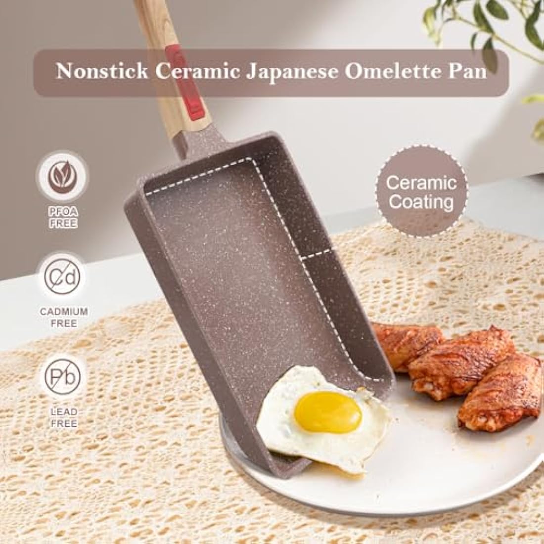 AIKENBBKK Ceramic Nonstick Tamagoyaki Pan, Large Japanese Omelette Pan Omelette Egg pan with Detachable Handle, Oven& Dishwasher Safe, 23x21 cm (Brown)