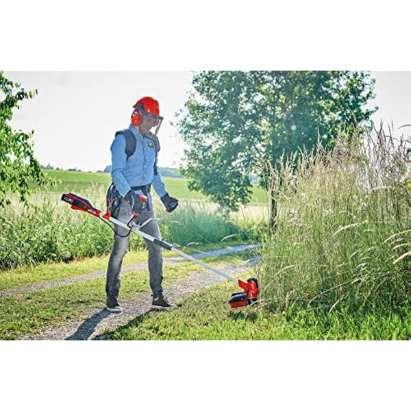 Einhell Power X-Change 18V Cordless Brush Cutter - Powerful Weed Trimmer With Metal Blades, Bump Fed Spool And Harness - AGILLO 18/200 Solo Battery Strimmer (Battery Not Included) Red & Black