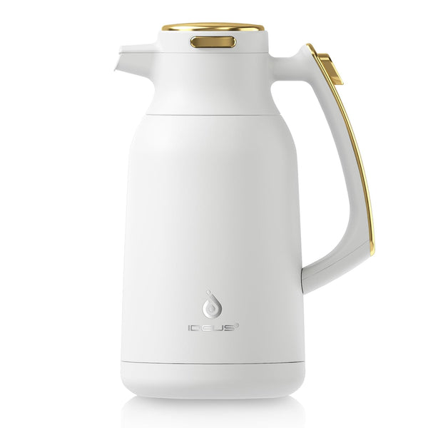 IDEUS Vacuum Insulated Coffee Carafe, 68 oz (2 Liters) Stainless Steel Milk Jug Thermal Tea Pot Hot & Cold Water Beverage Dispenser (White)