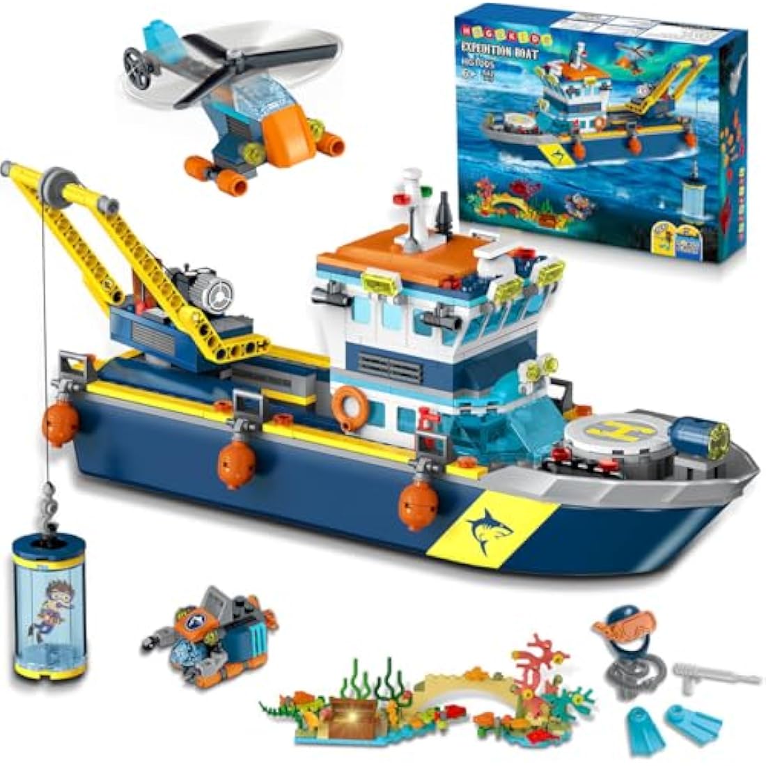 HOGOKIDS City Floatable Boat Building Set with LED Light - Fun Arctic Explorer Ship Building Block Set Ocean Exploration with Helicopter, Sub, Shark Cage Birthday Gift for 6+ Years Old Boys Girls Kids