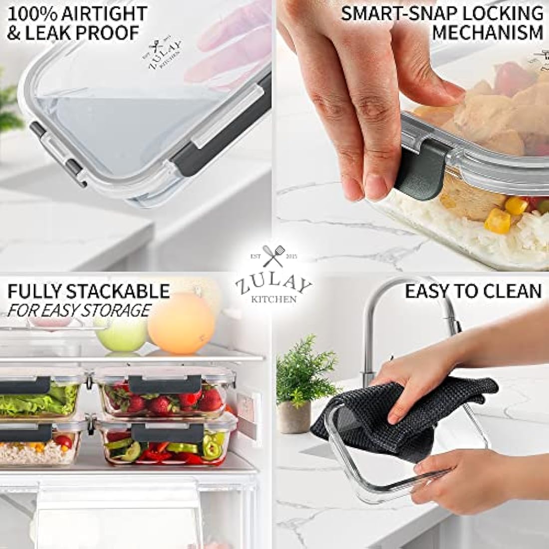 Zulay Kitchen 5 Pack Leak-Proof Glass Food Storage Containers - 36 oz Thick & Durable Glass Meal Prep Containers - Airtight Easy to Clean Glass Storage Containers With Lids