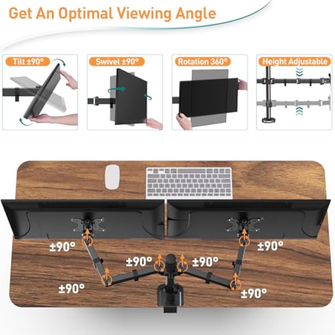 ELIVED Dual Monitor Arms for 13-32 inch LED LCD Screens, Flat/Curved, VESA 75/100mm, Adjustable Height, Tilt & Swivel, Up to 8KG, EV002