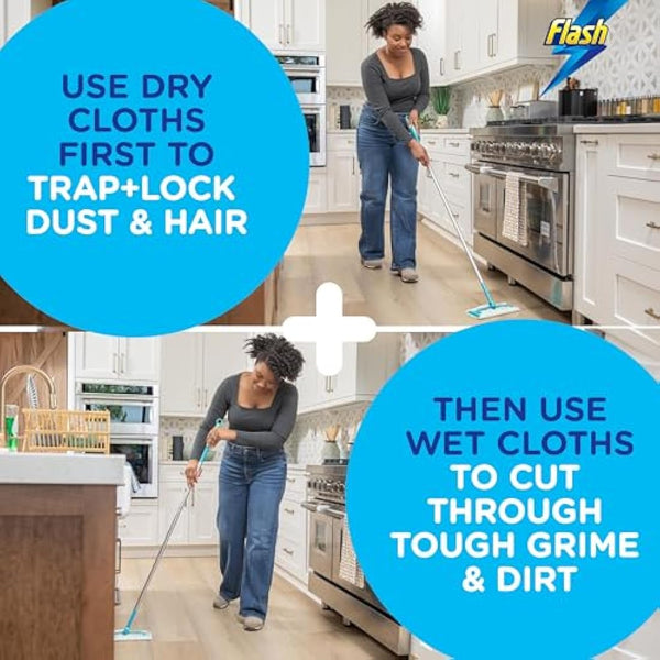 Flash Speedmop Floor Cleaner Starter Kit, Fast Easy & Hygienic (1 Handle + 4 Wet & 4 Dry Refills), Trap & Lock Daily Dirt, Grease & Grime Without Getting Down On Your Knees