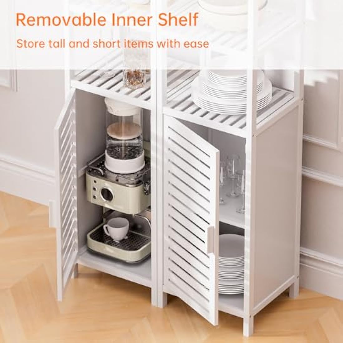 HITNET Bathroom Storage Cabinet, Bamboo Tall Narrow Linen Floor Standing Tower Organizer with Shutter Door and 4 Open Shelves for Kitchen, Living Room, Bedroom, White