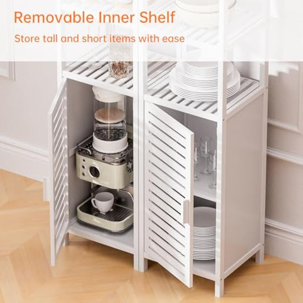 HITNET Bathroom Storage Cabinet, Bamboo Tall Narrow Linen Floor Standing Tower Organizer with Shutter Door and 4 Open Shelves for Kitchen, Living Room, Bedroom, White