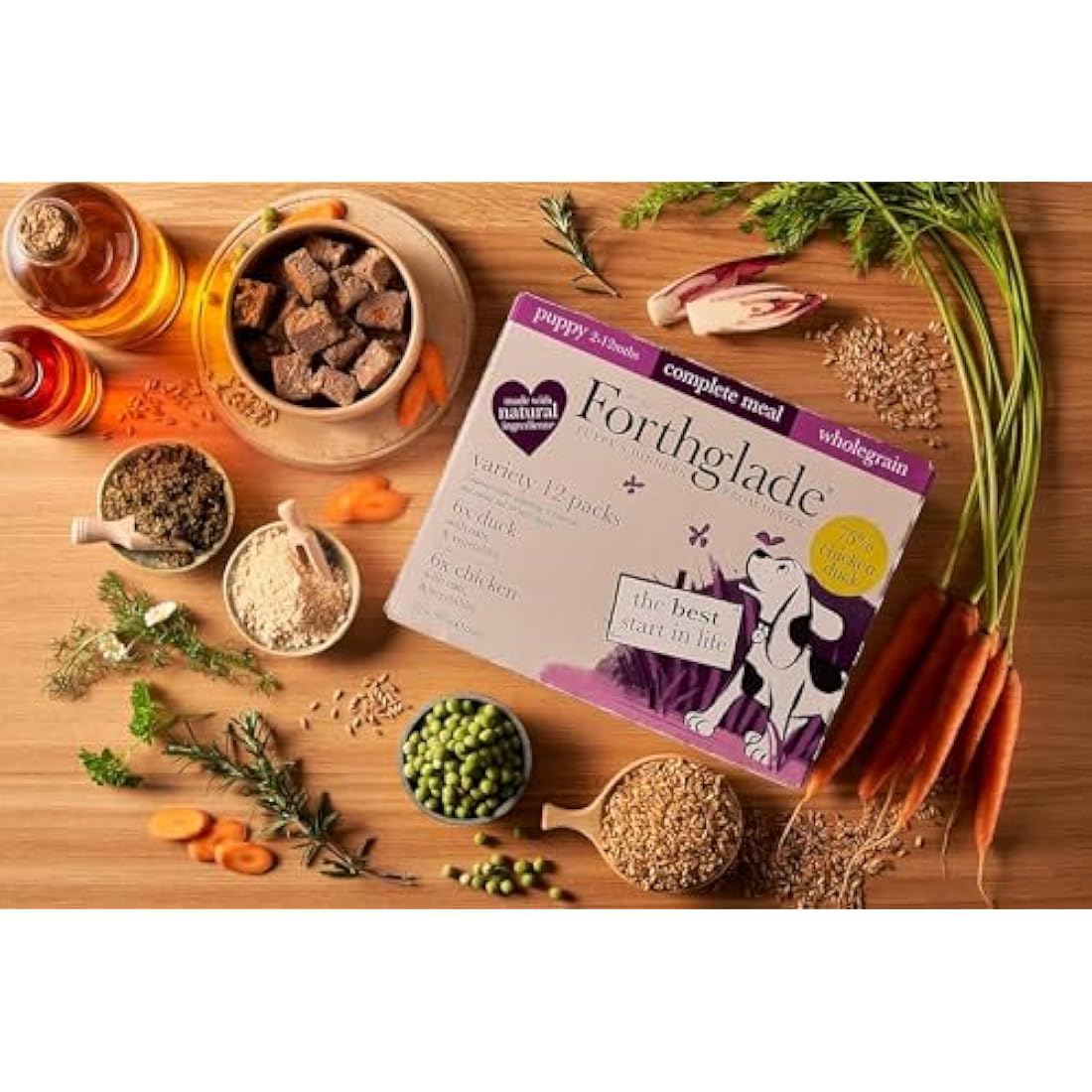 Forthglade Complete Natural Wet Dog Food - Wholegrain Variety Pack (12 x 395g) Trays - Chicken & Duck with Wholegrain Oats & Vegetables - Puppy Dog Food 2-12 months
