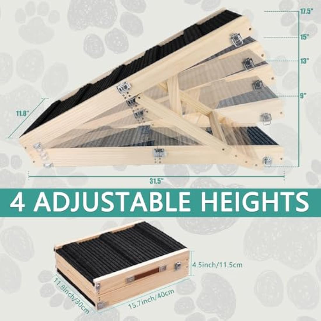 Umtiti Wooden Folding Portable Pet Ramp. 4 Levels Adjustable 9" to 17.3" with Non-Slip 5 Paw Traction Mat for Small Medium Doggie.Dog Ramps-BK,UK