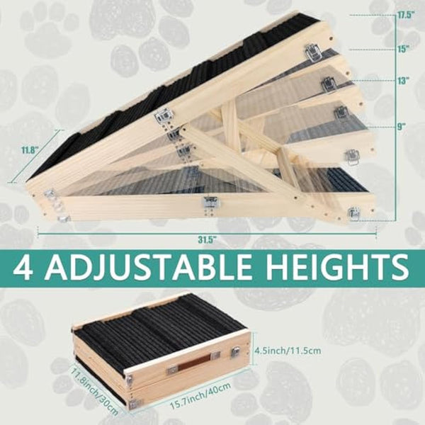 Umtiti Wooden Folding Portable Pet Ramp. 4 Levels Adjustable 9" to 17.3" with Non-Slip 5 Paw Traction Mat for Small Medium Doggie.Dog Ramps-BK,UK