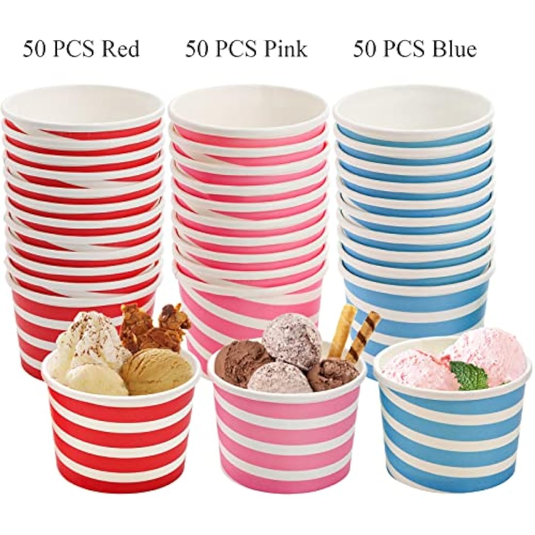 Hacaroa 150 Count 240 ml Paper Ice Cream Cups, Disposable Dessert Bowls Sundae Cup Party Supplies Treat Cups for Frozen Yogurt, Hot and Cold Food, 3 Colors Stripes