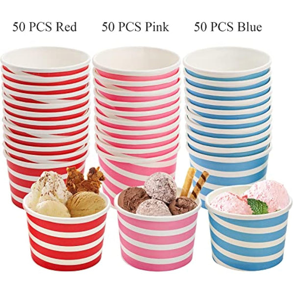 Hacaroa 150 Count 240 ml Paper Ice Cream Cups, Disposable Dessert Bowls Sundae Cup Party Supplies Treat Cups for Frozen Yogurt, Hot and Cold Food, 3 Colors Stripes