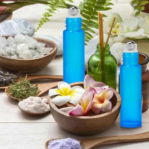 Frosted Essential Oils Roller Bottles, 10pcs Refillable Empty Glass Bottles with Stainless Steel Balls and Bamboo Lid (Blue)
