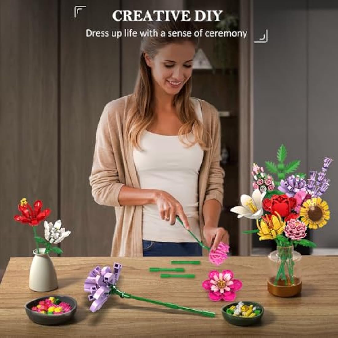 HOGOKIDS Flower Bouquet Set for Mother's Day - 1464PCS Artificial Flowers Botanical Collection | 18 Sticks Ideas Bouquet Gift for Her and Him Decorative Home for Adults Teens Girls Ages 8+