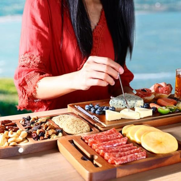 hecef Charcuterie Board Set, Extra Large Acacia Wood – 3-in-1 Magnetic Serving Platter for Cheese, Parties, Weddings, Housewarming & Birthdays