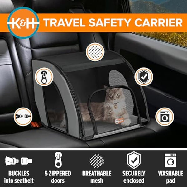 K&H Pet Products Travel Safety Carrier for Pets, Dog Crate for Car Travel, Soft-Sided Carrier for Cats and Small Dogs, Portable Car Seat Kennel, Gray/Black Small 17 X 16 X 15 Inches