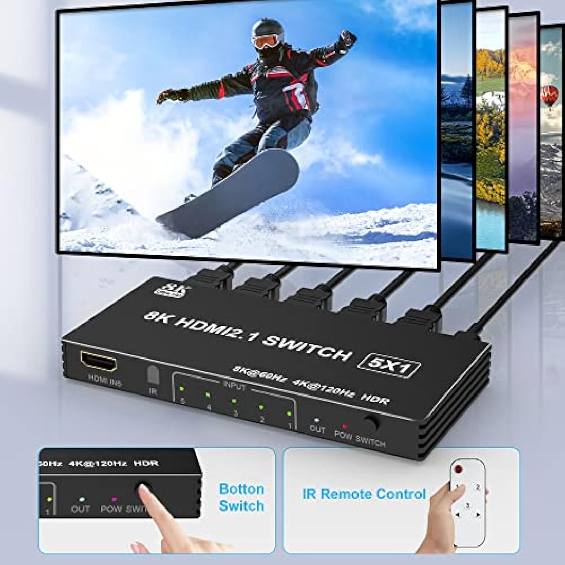 8K HDMI Switch 5 in 1 out HDMI Splitter with Remote, 5 Port Switcher for PS5 Xbox PS4 Roku PC TV