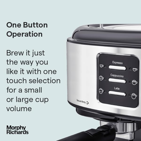 Morphy Richards Compact Espresso Machine, Dual Cup, 1L Water tank, Variable Steam Control and Milk Frother Wand, Ground Coffee and ESE Pod Compatible, Stainless Steel, 172022