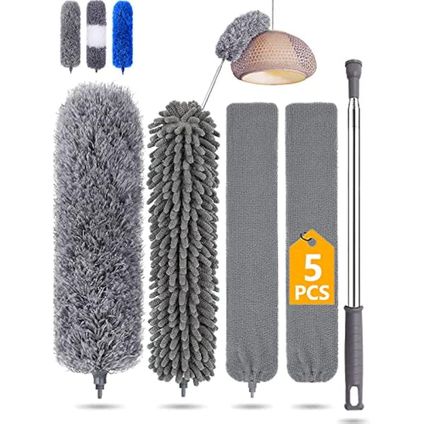 Feather duster 5PCS kit with 30-100 inch telescopic extension pole, detachable bendable and reusable gap hand crevice brush for cleaning dust cobwebs on high ceiling fans lights blinds cars furniture