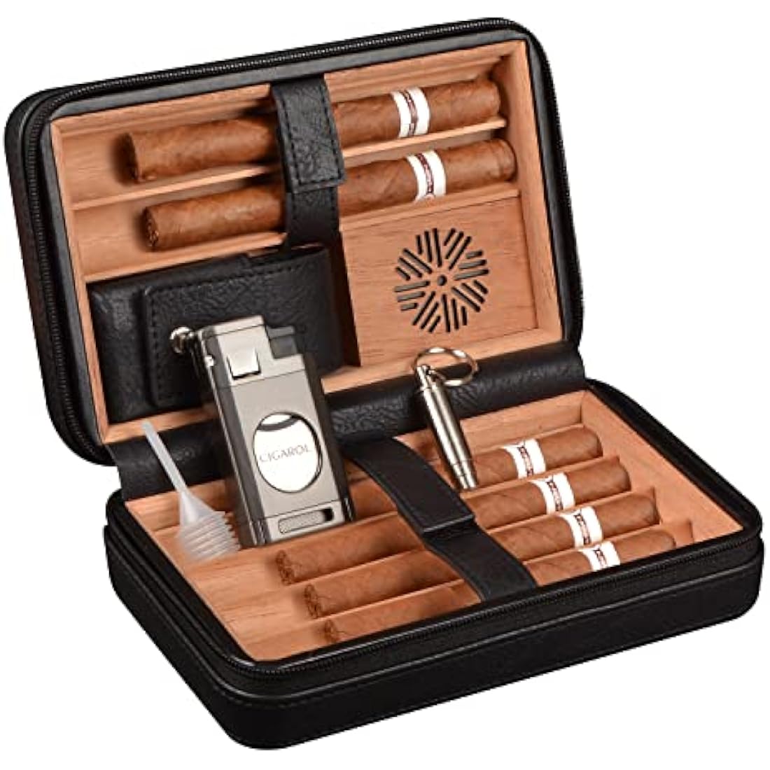 6-Finger Cigar Travel Humidor Cigar Case with Triple Flame Cigar Lighter, Leather Cigar Box with Round Humidifier, Cigar Punch and Dropper, Cedar Wood Humidor Cigar Box Gift Box Storage Box（Black）