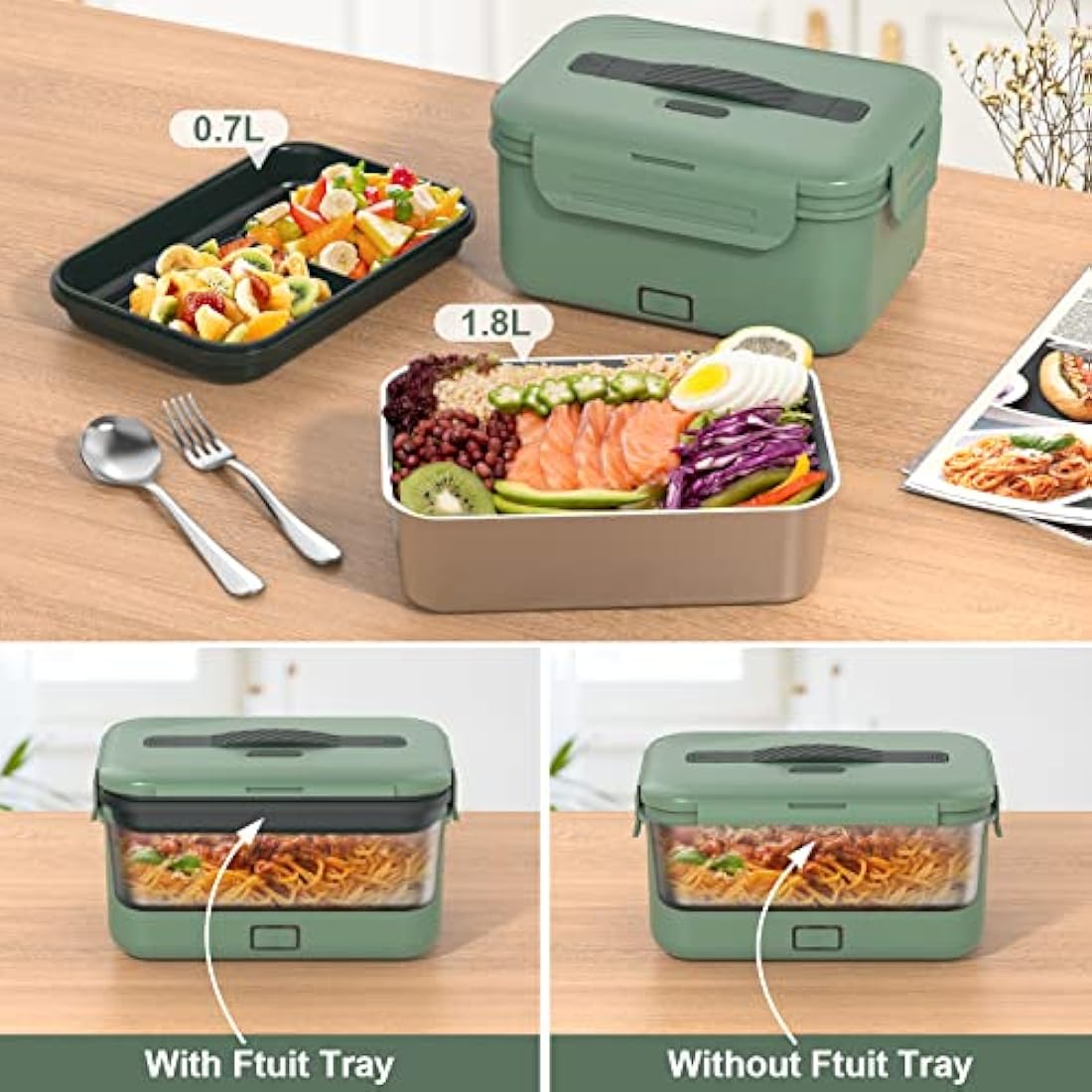 Vabaso 100W Electric Lunch Box with Fruit Compartments, Heated Lunch Box Adults with Insulated Lunch Bag, 1.8L Large Capacity 304 SS Container,Leakproof, Father's Day Gifts for Car Truck Driver Green