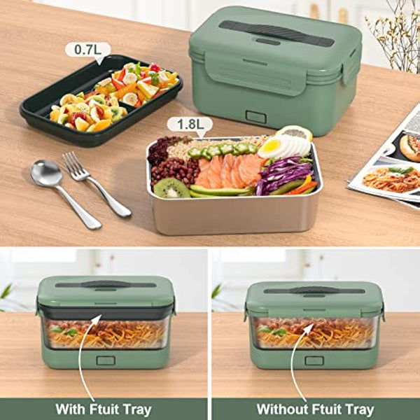 Vabaso 100W Electric Lunch Box with Fruit Compartments, Heated Lunch Box Adults with Insulated Lunch Bag, 1.8L Large Capacity 304 SS Container,Leakproof, Father's Day Gifts for Car Truck Driver Green