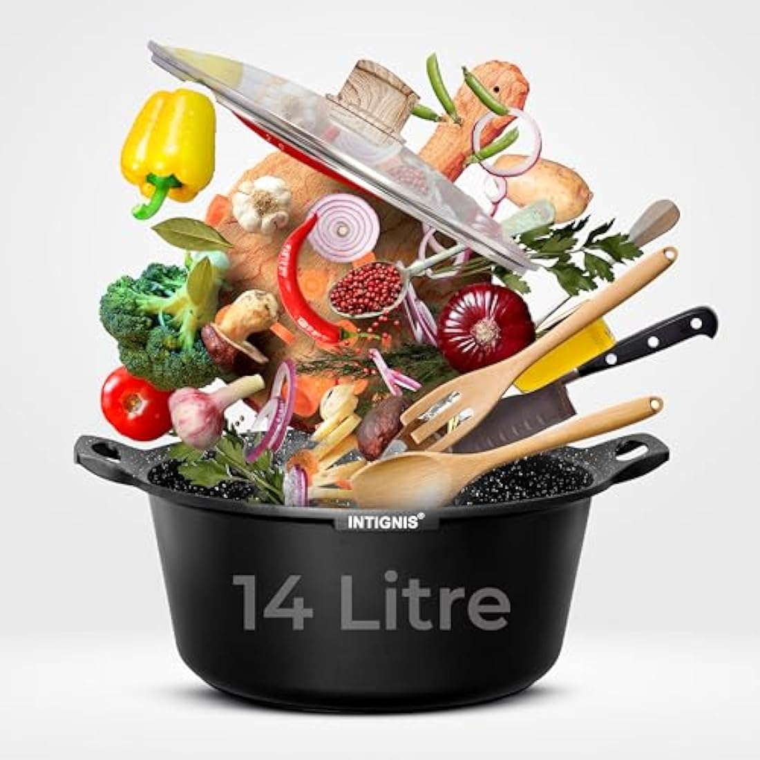 INTIGNIS® Casserole Pot with lid – Large 36cm |14 Litre | 16 Inches – Induction Compatible – GREBLON Ceramic Non Stick Chemical Free Coating Black