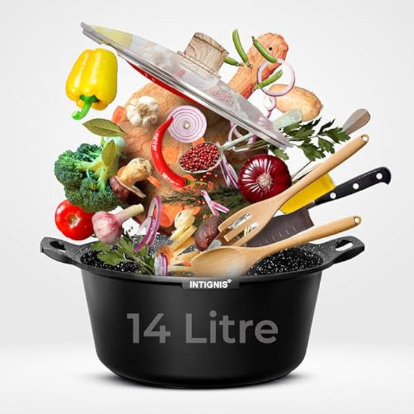 INTIGNIS® Casserole Pot with lid – Large 36cm |14 Litre | 16 Inches – Induction Compatible – GREBLON Ceramic Non Stick Chemical Free Coating Black