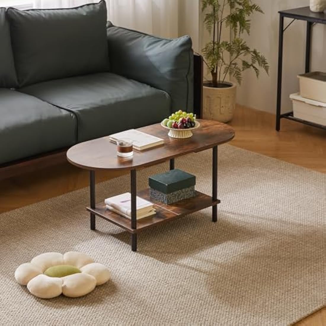 Aibiju Small Coffee Table, Living Room Table, Wooden Coffee Table with 2 Tier Storage Shelves for Living Room/Office, 35x16x17inch Rustic Brown+Black Legs, YD-011H