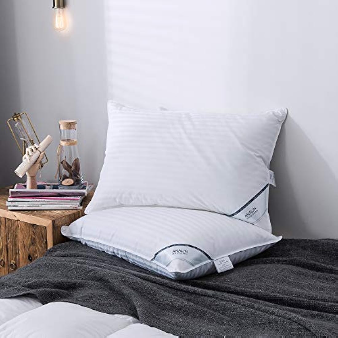 ANALIN 2 pack Goose Feather Down Pillows, 100% Cotton Shell, Non-allergenic & Anti dust mite, Soft Hotel Quality Pillows (50% Goose Down)