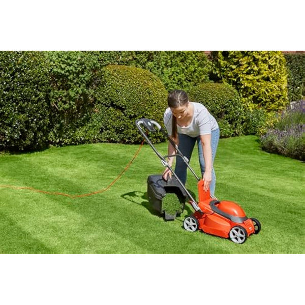 Flymo EasiStore 300R Electric Rotary Lawn Mower - 30 cm Cutting Width, 30 Litre Grass Box, Close Edge Cutting, Rear Roller, Manual Height Adjust, Space Saving Storage Features, Lightweight