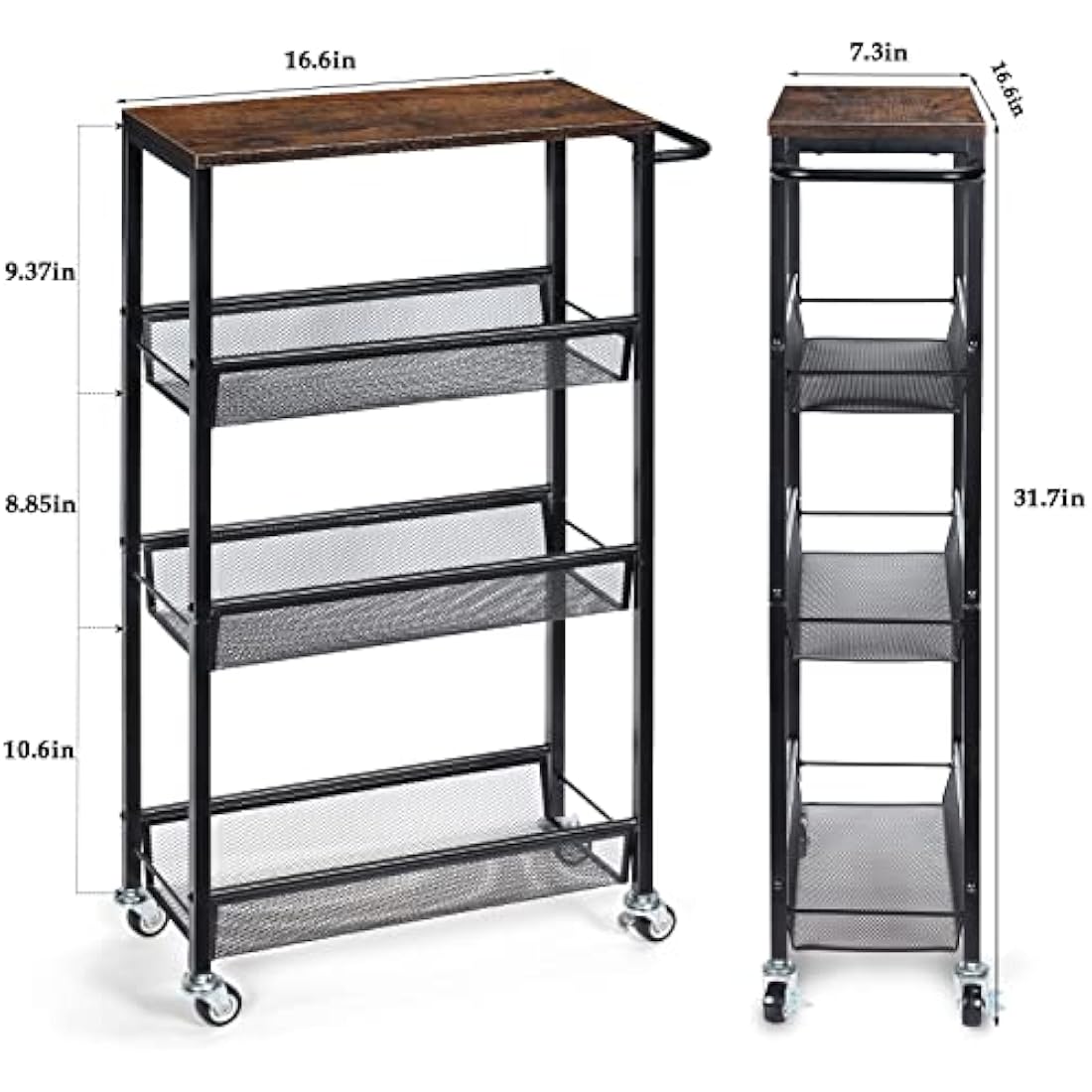 4-Tier Storage Trolley Cart, Slim Storage Trolley, Narrow Storage Unit, Rolling Cart Storage Organizer on Wheels, Mesh Basket Shelf with Handles for Office Bathroom Kitchen Laundry Room