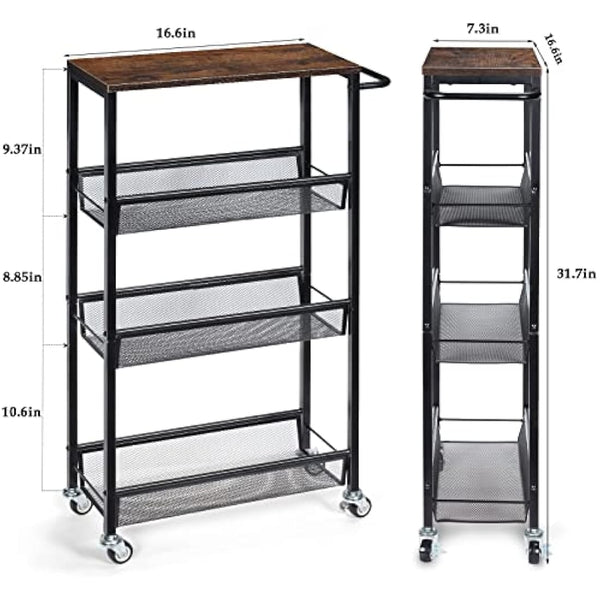 4-Tier Storage Trolley Cart, Slim Storage Trolley, Narrow Storage Unit, Rolling Cart Storage Organizer on Wheels, Mesh Basket Shelf with Handles for Office Bathroom Kitchen Laundry Room