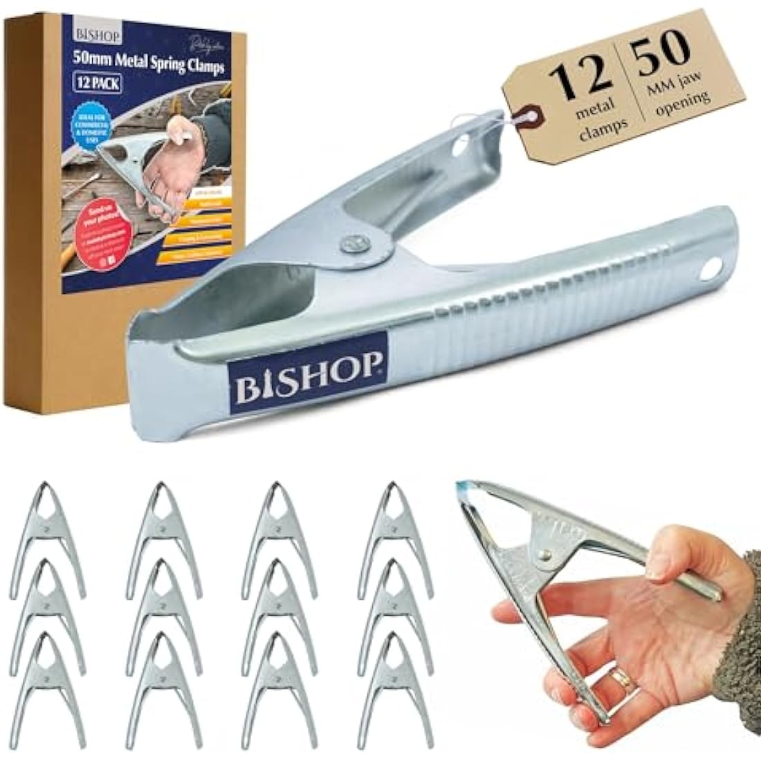 Commercial Grade Metal Spring Clamps for Woodwork - Rust Proof Market Stall Tarp Clips Clamps 50mm Jaw Capacity - Metal Clips All Steel Construction 160mm Length - Triple Coil Spring Clips (Qty: 12)