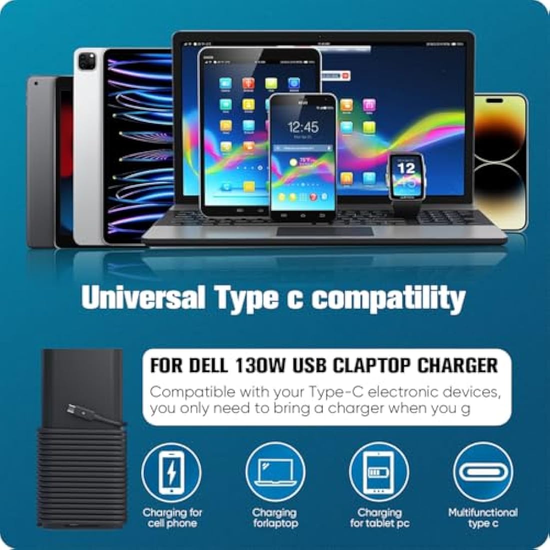 130W USB C Laptop Charger for Dell XPS 9575 9500 9510 9520 9530 9700 9710 9720 9730 Precision 5530 5550 5560 5570 5750 5760 3560 3561 Latitude 5520 5530 5420 7410 7310 7210 9410 9510 9520